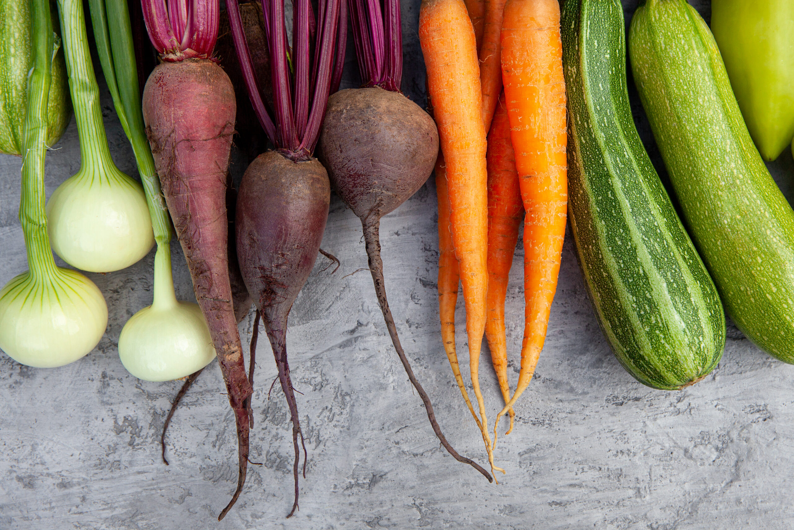 Close-up of fresh vegetables - carrots, beets, zucchini, onions